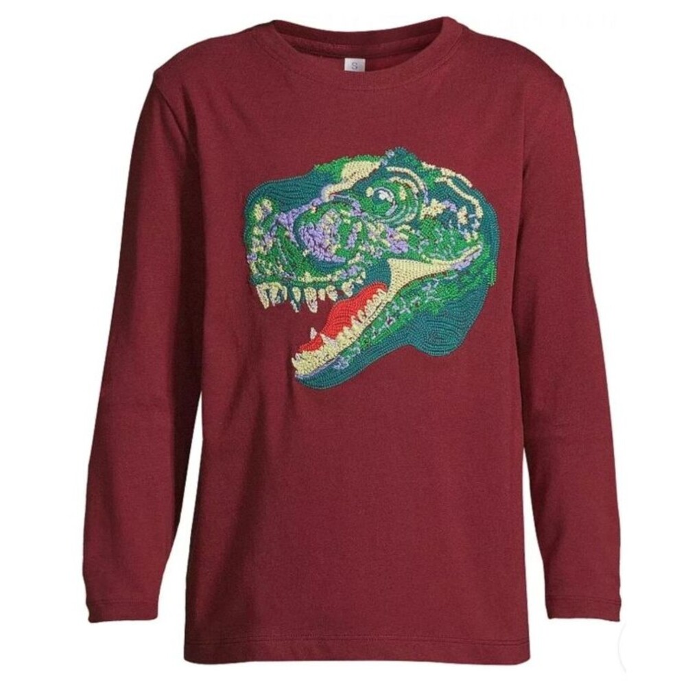 Lands End Kids XL Dinosaur T-Rex Embroidered Graphic Tee Crewneck Pullover Red